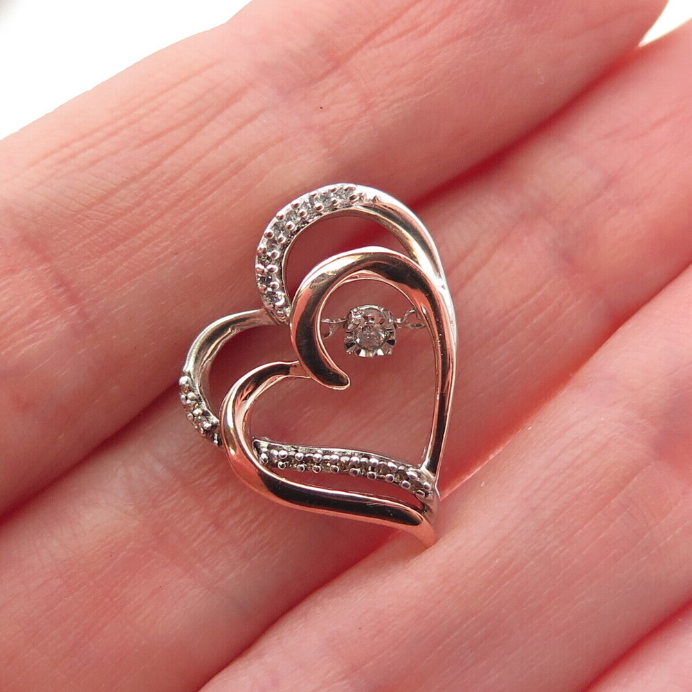 925 Sterling 10K Rose Gold Real Diamond Double Heart Mini Slide Charm Pendant